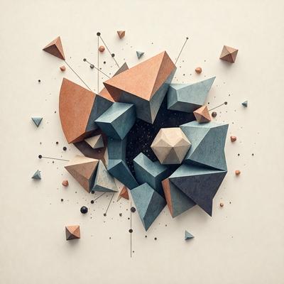 The primary subject of the image is a collection of geometric shapes, including triangles and cubes, arranged in various positions and orientations. The shapes are primarily blue and brown, creating a visually appealing and intricate pattern. The setting is a white background, which provides a clean and uncluttered environment for the shapes to stand out. The visual style of the image is a combination of digital art and illustration, showcasing the artist's creativity and attention to detail. The overall atmosphere of the image is one of